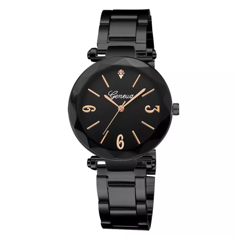 Genf Uhr Frauen schwarz Uhren Edelstahl Band Quarz Armbanduhren Damen günstigen Preis Relogio Feminino Horloges Vrouwen