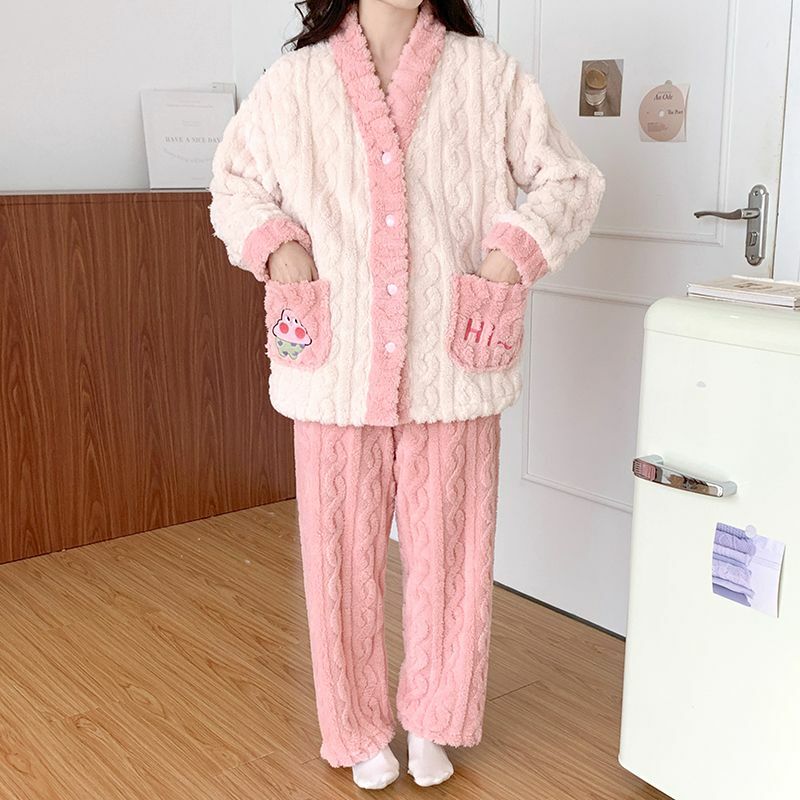 Mutterschaft Pyjama Herbst Winter Verdickung mit Samt Korallen Samt Schwangerschaft postpartale Kleidung postpartale Laktation Lounge wear