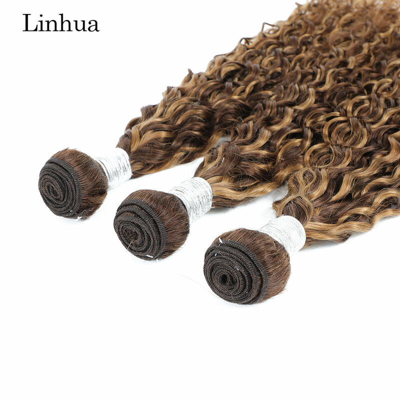 Linhua-Water Wave Pacotes de cabelo humano com fechamento, P4, 27 Destaque, Ombre, Honey Blonde, 3, 4, fechamento transparente