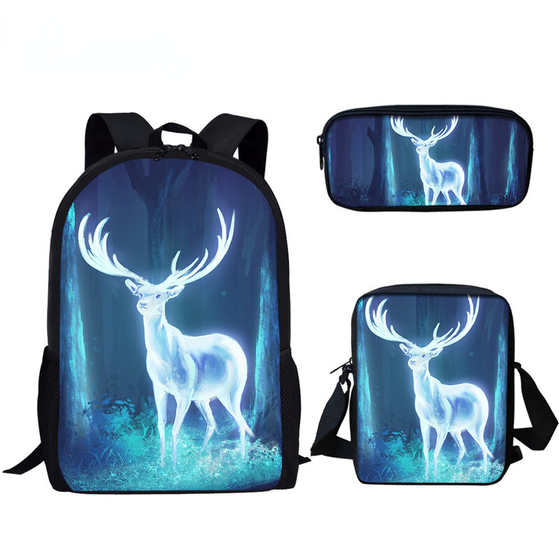 Popularna modna moda zwierzęca jeleń 3D Print 3 sztuk/zestaw szkolne torby plecak mała torba na laptopa pochylona torba na ramię piórnik
