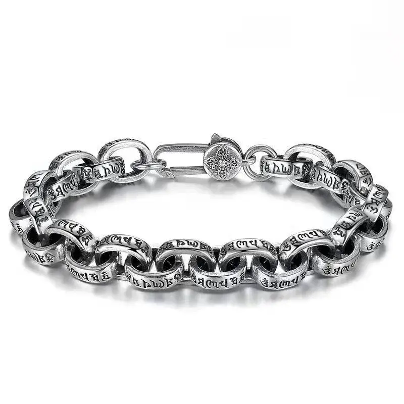 Браслет из серебра 925 пробы для мужчин и женщин, Простые Модные браслеты-цепочки с шестью символами в стиле хип-хоп и панк, 8 мм, роскошный подарок