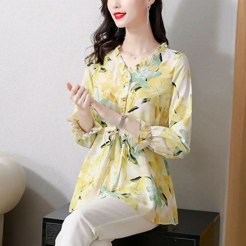 Styl wiejski kwiatowy bluza z nadrukiem wiosna jesień elegancka damska odzież z dekoltem w szpic szczupła moda swobodna koszula ze sznurkiem