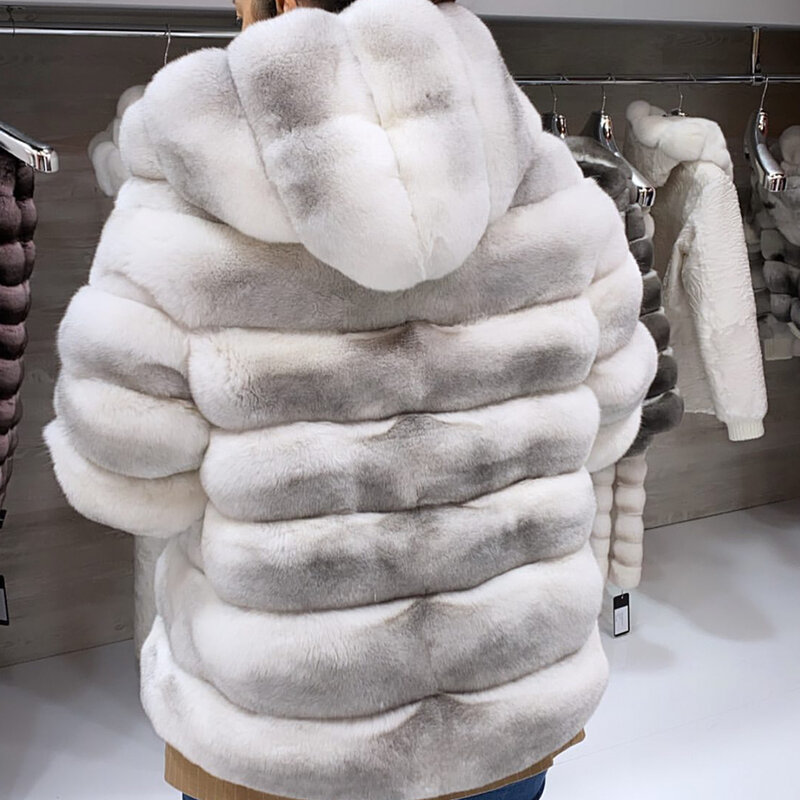 チャイナチラ-女性の冬の毛皮のコート,本物のレックスのウサギの毛皮のコート,フード付き,高級ブランド,ショートコート