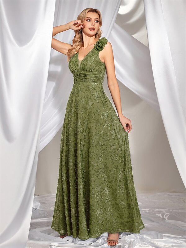 Lucyinlove elegantes V-Ausschnitt grün Blumen Abendkleid lang 2024 Luxus Frauen Chiffon ärmelloses Party kleid Abschluss ball Cocktail kleid
