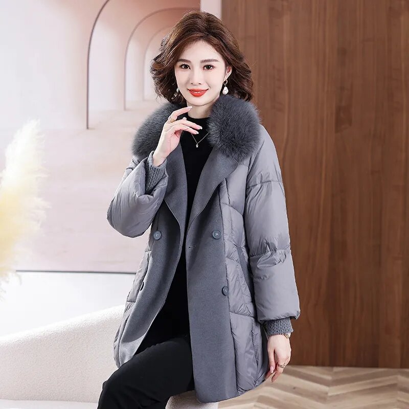 Weiße Daunen jacke für Frauen im Winter, neuer Patchwork-Woll mantel, modische mittellange Daunen jacke