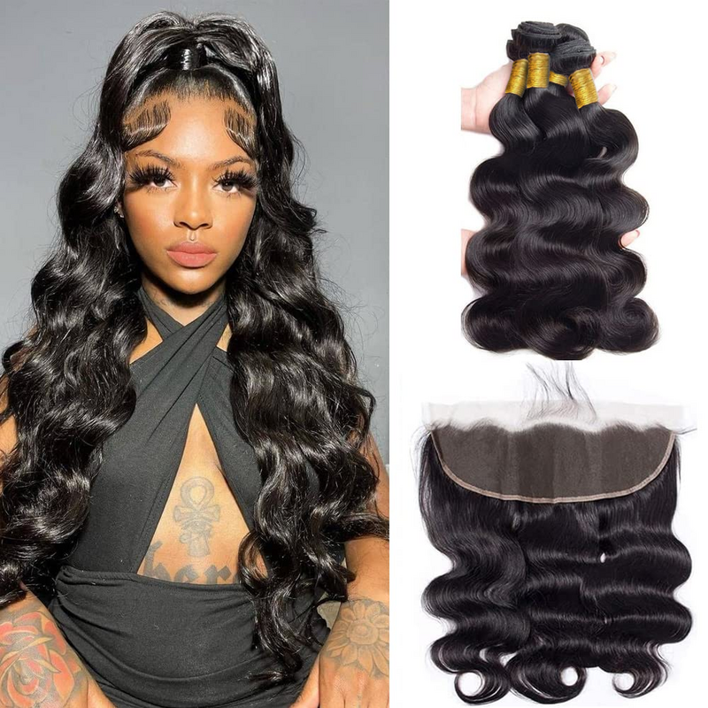 Body Wave Bundles Human Hair with 13x4 HD Lace Frontal 100% Unprcessed Remy Hair Bundles Brazilian Weave 3 Bundles With Closure