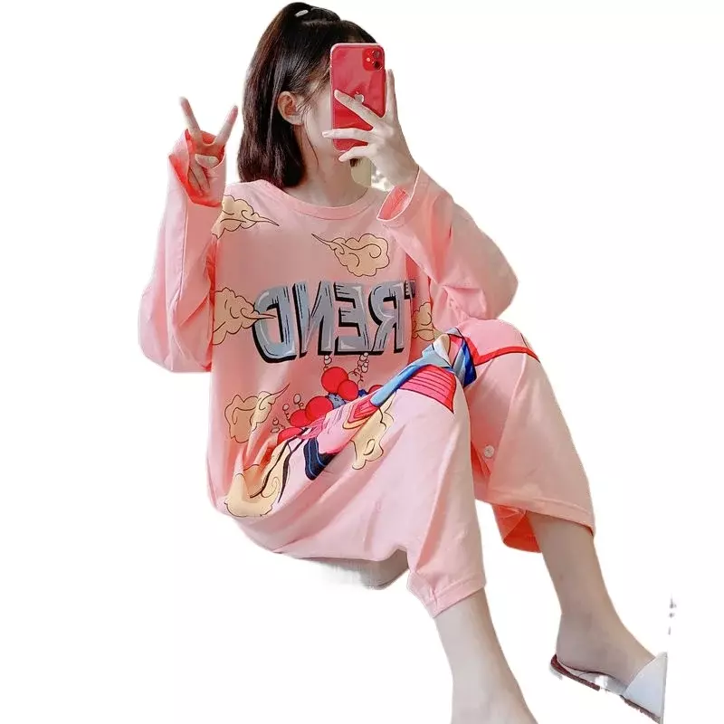 390702002Summer Pajamas Women Pure Cotton Short-sleeved Summer Cute One-piece Pajamas Can Wear Outside Cotton Home Clothes