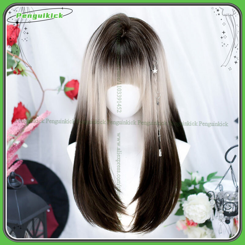 Women Synthetic Wig Adult Lolita Wig Long Straight Hair Beige Brown Daily Wear Party Fringe Bangs Heat Resistant Frosted Color