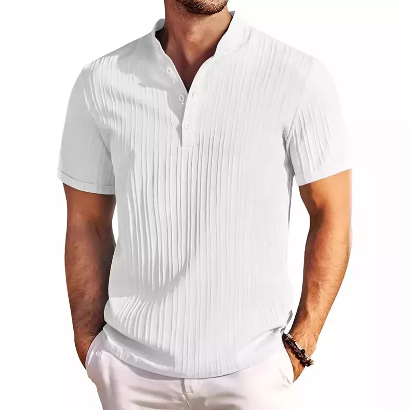 Camisa Henry listrada de algodão e linho bordada high-end masculina, camiseta confortável e respirável, blusa casual, moda verão, nova