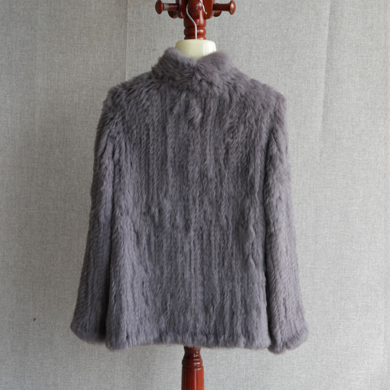Casaco de malha de pele de coelho real feminino, manga longa casual, jaqueta de pele genuína, roupas quentes e grossas femininas, inverno