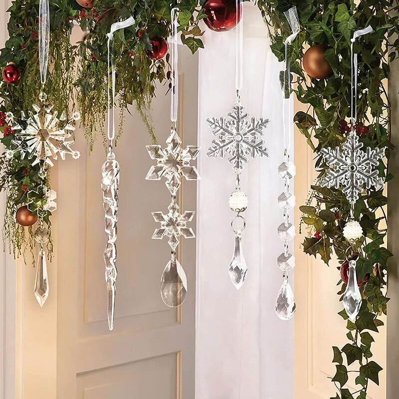 Colgantes de hielo de simulación de copo de nieve acrílico, 5 piezas, adorno colgante para árbol de Navidad, decoraciones navideñas para el hogar, regalo de Año Nuevo 2023, 2024