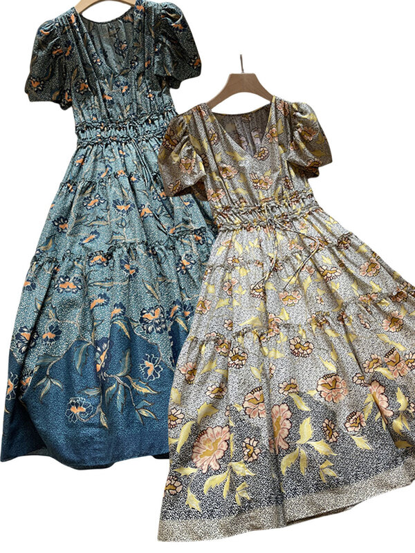 Women's Dress 2024 New Summer Cotton Blend Printed V-neck Folded Waist Vintage Short Lantern Sleeve Maxi Robes