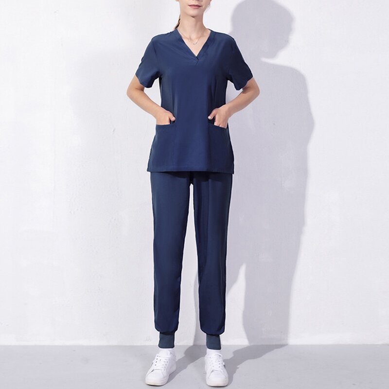Verpleegkundige Uniformen Tweedelige Unisex Shorts Scrub Sets Mouw Pocket Top T-Shirt Losse Broek Schoonheidssalon Werkkleding Overalls Plus Size
