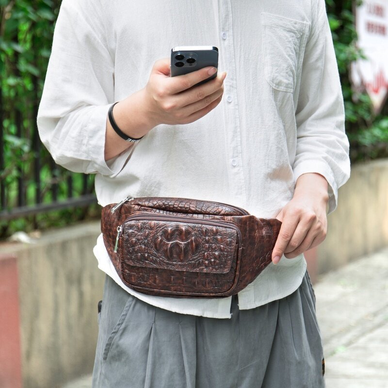 Riñonera de cuero genuino con patrón de cocodrilo para hombre, bolso cruzado informal, bolso de pecho Retro, paquete de cintura multifuncional
