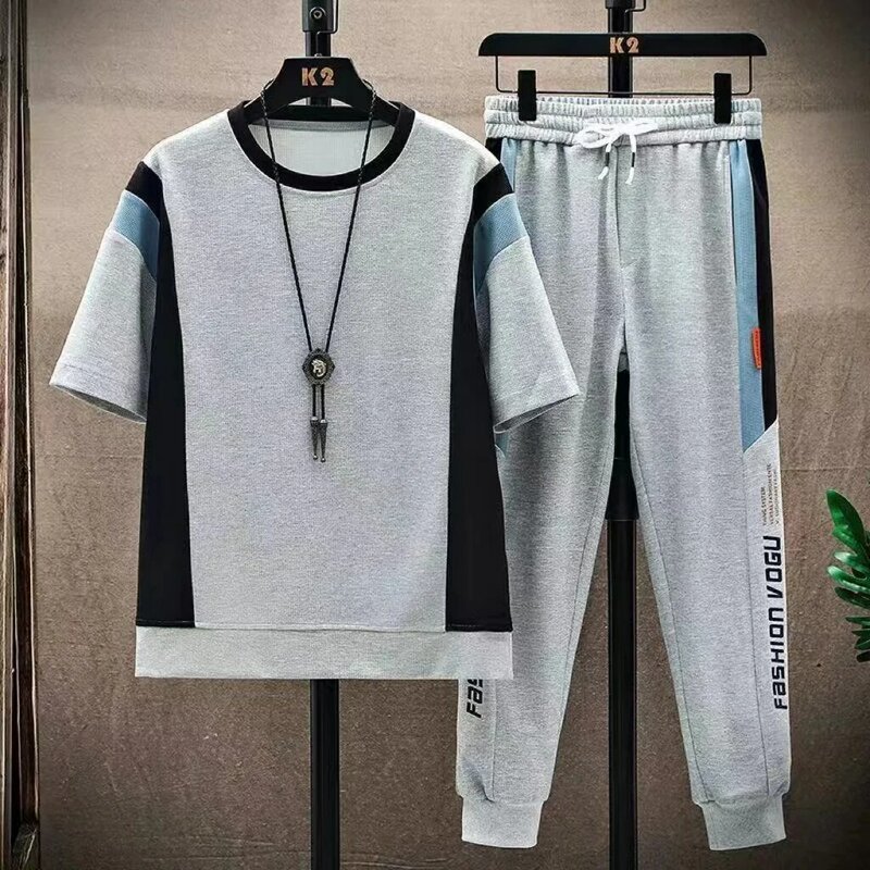 024 Summer New Men's Youth Set Short Sleeve+Long Pants Two piece Breathable Casual Fashion Ice Cool Waffle Sportswear Set