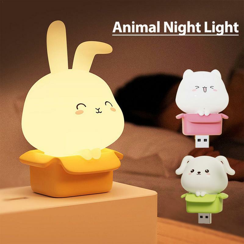 Veilleuse LED animaux Kawaii, mini lampe à prise USB, chaton, lapin, chiot, lampe de couchage, décorations d'animaux de dessin animé, cadeaux d'anniversaire
