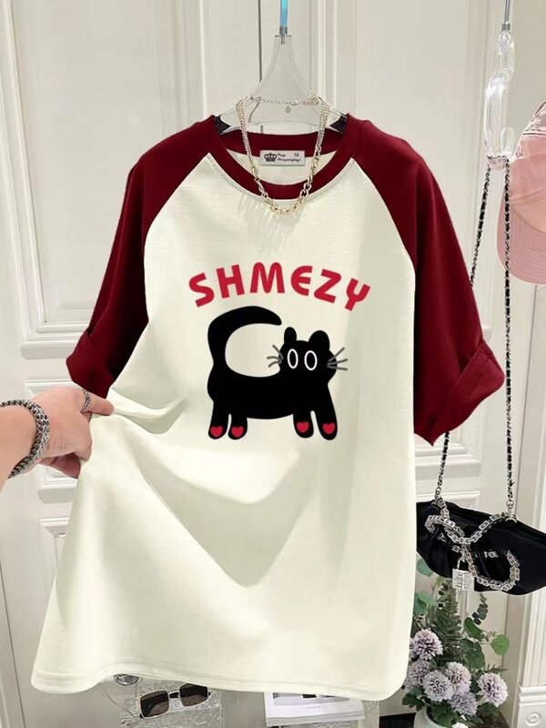 Heiße 2024 Sommer niedlichen Katze Cartoon-Druck reine Baumwolle Kurzarm Frauen T-Shirts Tops Outdoor Casual Travel 6 Farben