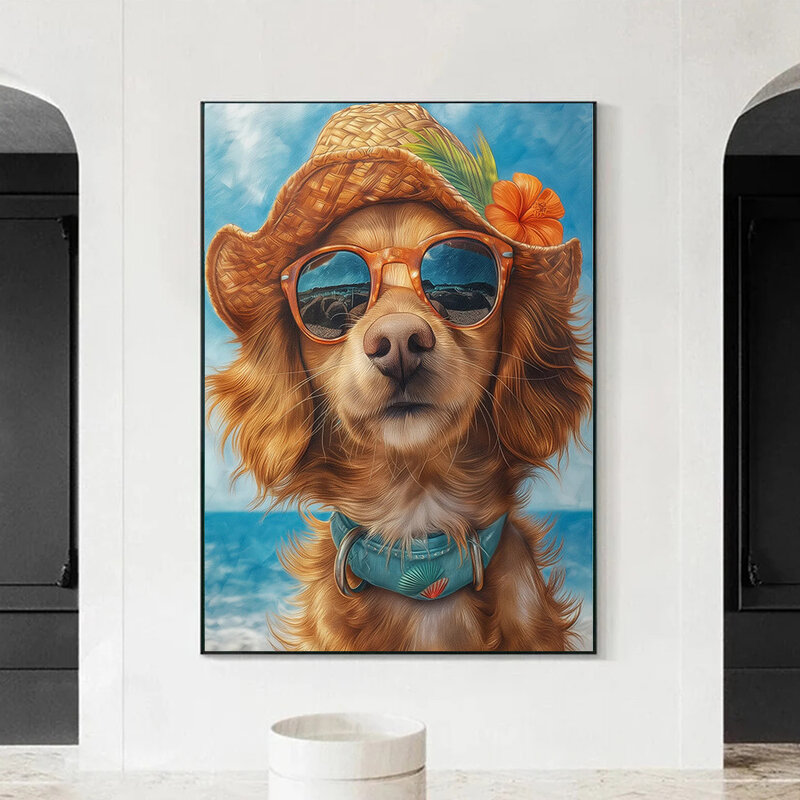 Divertido perro gato en vacaciones en la playa de Hawai póster impresiones para sala de estar decoración del hogar verano animales pintura en lienzo arte de pared