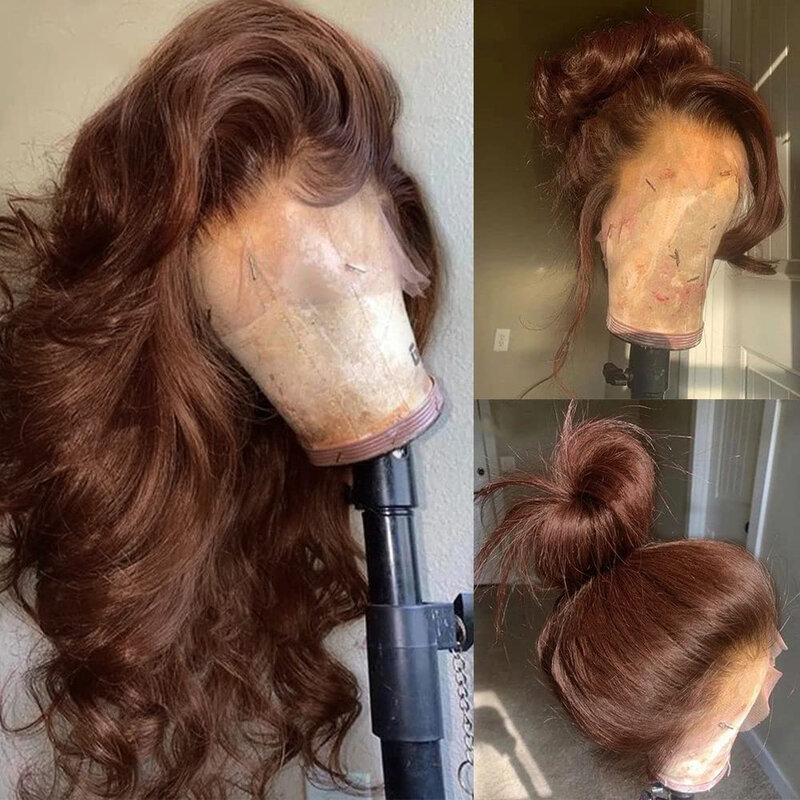 Peluca de cabello humano ondulado de 13x6 para mujer, postizo de encaje frontal transparente HD, color Marrón castaño