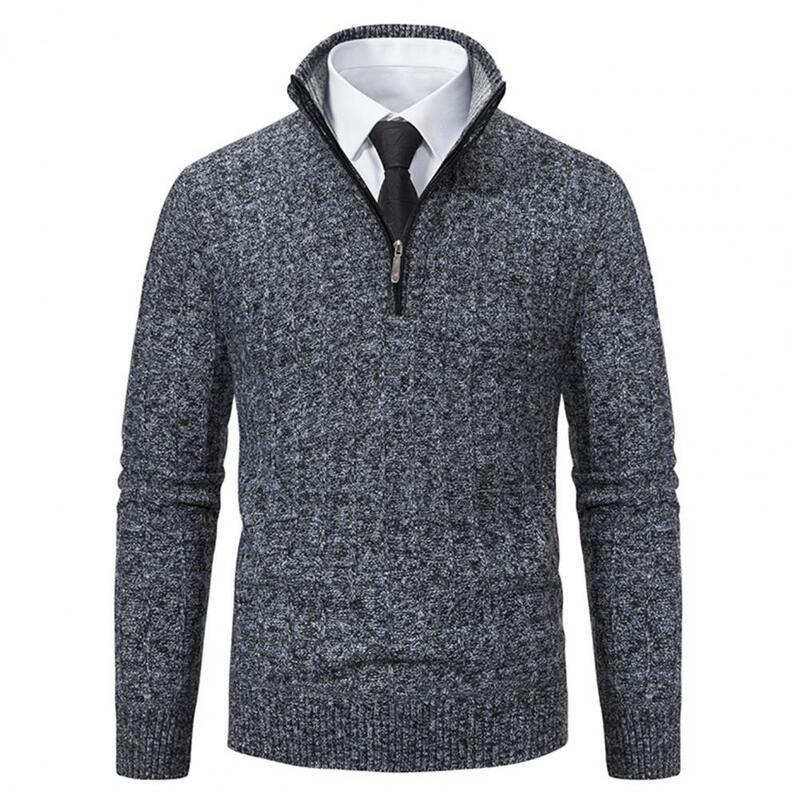 남성용 단색 스웨터, 캐쥬얼 긴팔 스웨터, 두껍고 따뜻한 남성용 스웨터, 지퍼 디자인, 스탠드 칼라 보터밍 스웨터