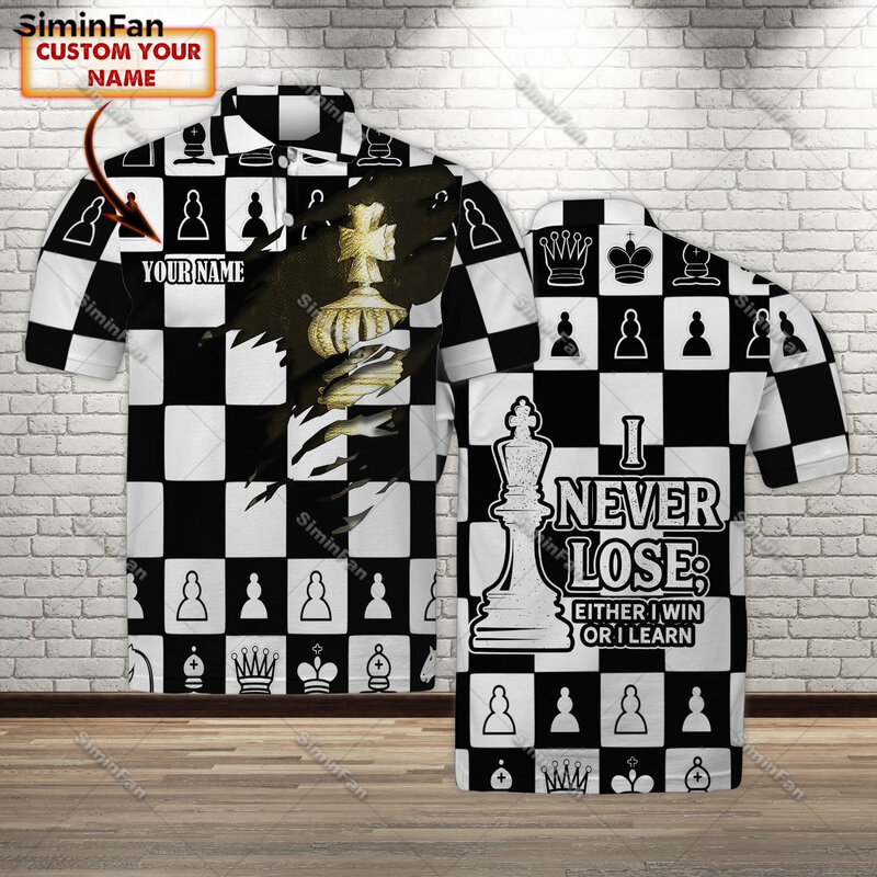 Polo con estampado 3D de jugador de ajedrez con nombre personalizado para hombre, camiseta con solapa Unisex, Camiseta deportiva de tenis, Tops para mujer
