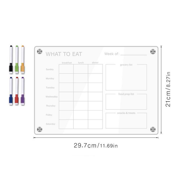 Clear Acrílico Meal Prep Calendar for Fridge, Planning Board com 6 Canetas Coloridas, Notepad apagável