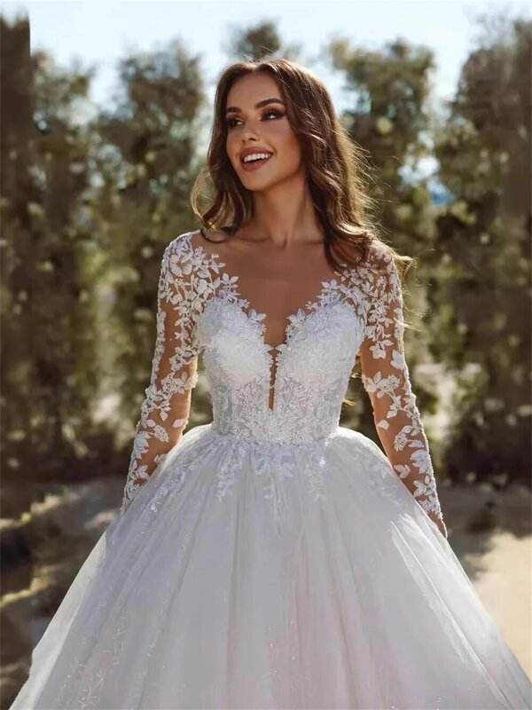 Elegant Long Sleeve Wedding Dress Romantic Lace Appliques Bridal Gown Classic Tulle Bridal Dress Vestidos De Novia