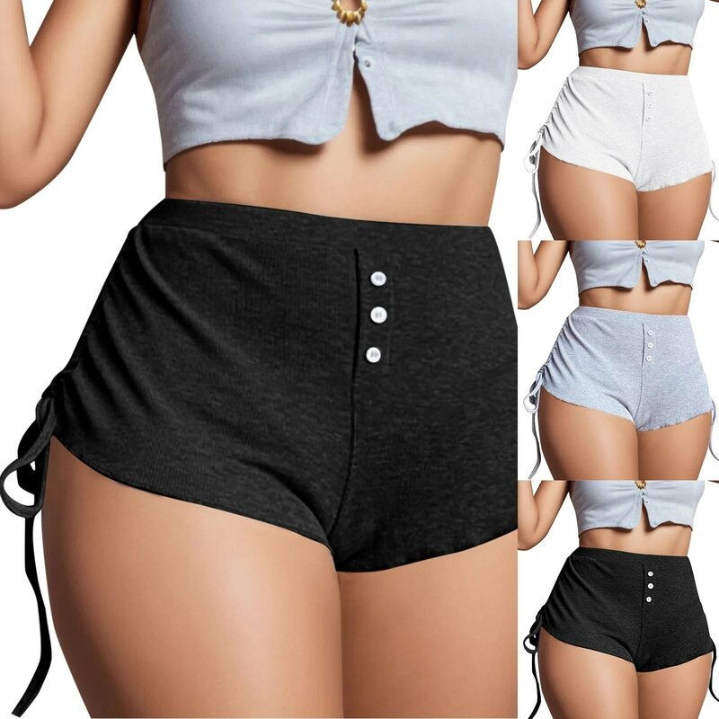Pantalones cortos deportivos de cintura alta para mujer, pantalón Sexy informal con cordón lateral y botones, Color sólido, 2024