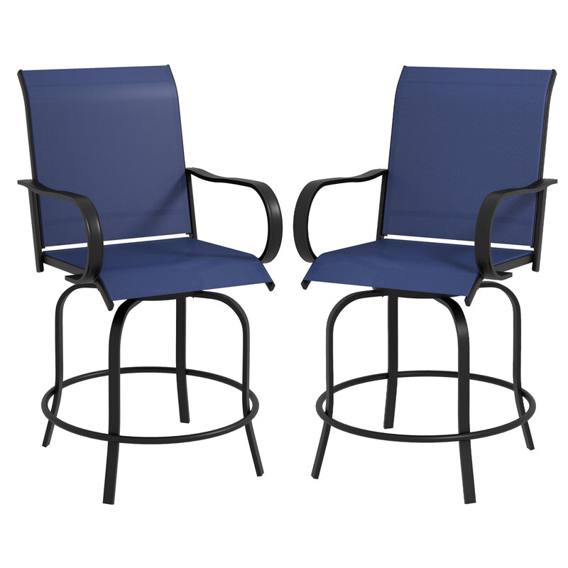 Comfortable Set of 2 Navy Blue Bar Height Patio Chairs with Armrests, 360° Swivel Design and High-Density Mesh Fabric. Sturdy S