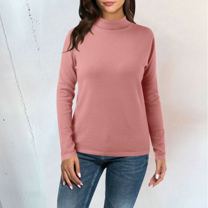 Pullover wanita pendek setengah tinggi, atasan Pullover warna polos leher tinggi, Sweater rajut hangat Slim Fit musim gugur dan musim dingin