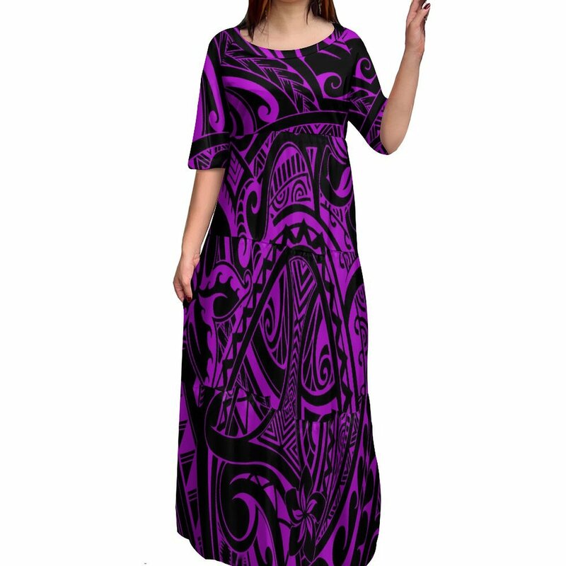 2024 Insel-Stil Samoan Frauen Kleid mit Rundhals ausschnitt eleganter Maxirock passend Herren hemd polynes ischen Insel Design künstlerischen Druck