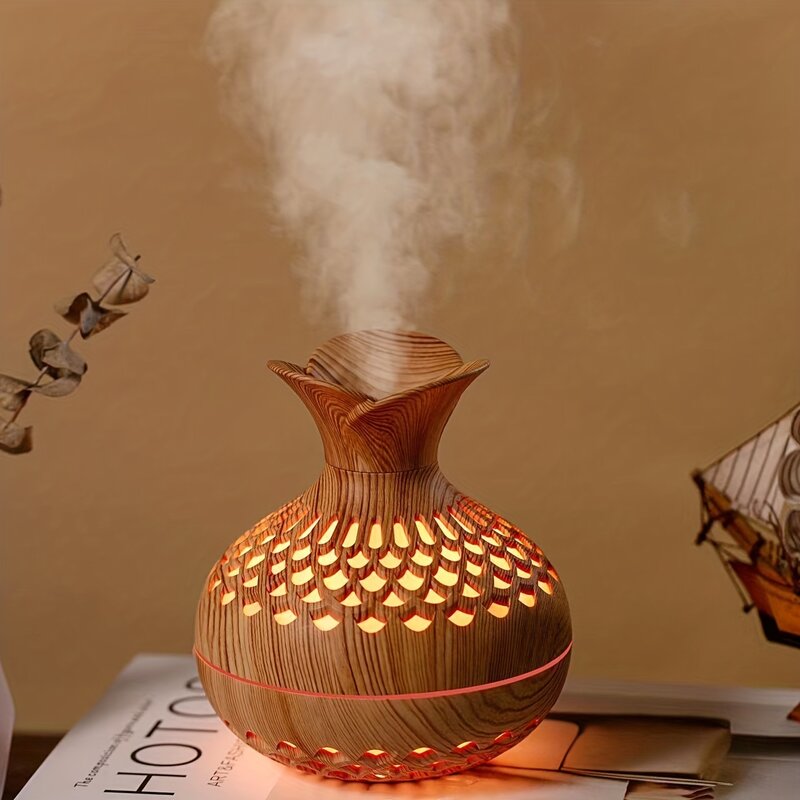 Humidificador de aire con forma de florero de madera, difusor de aceite de aromaterapia con luz colorida, minihumidificador usb, 300ml