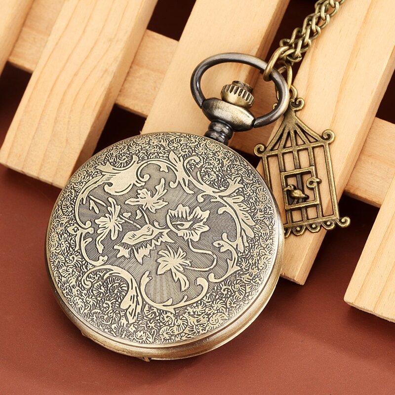 Two Little Birds Retro Style Quartz Pocket Watch Chain Steampunk Necklace Pendant Fob Watch Animal Clock with Birdcage Accessory