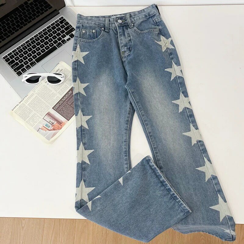 Calças jeans vintage estrela impressão estilo rua