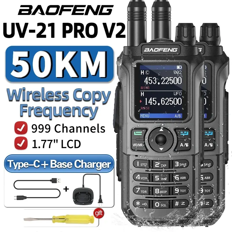 Baofeng UV-21 Pro, Walkie Talkie tri-band nirkabel frekuensi salinan jarak jauh 999CH kekuatan tinggi UV 5R Ham Radio dua arah 2 buah