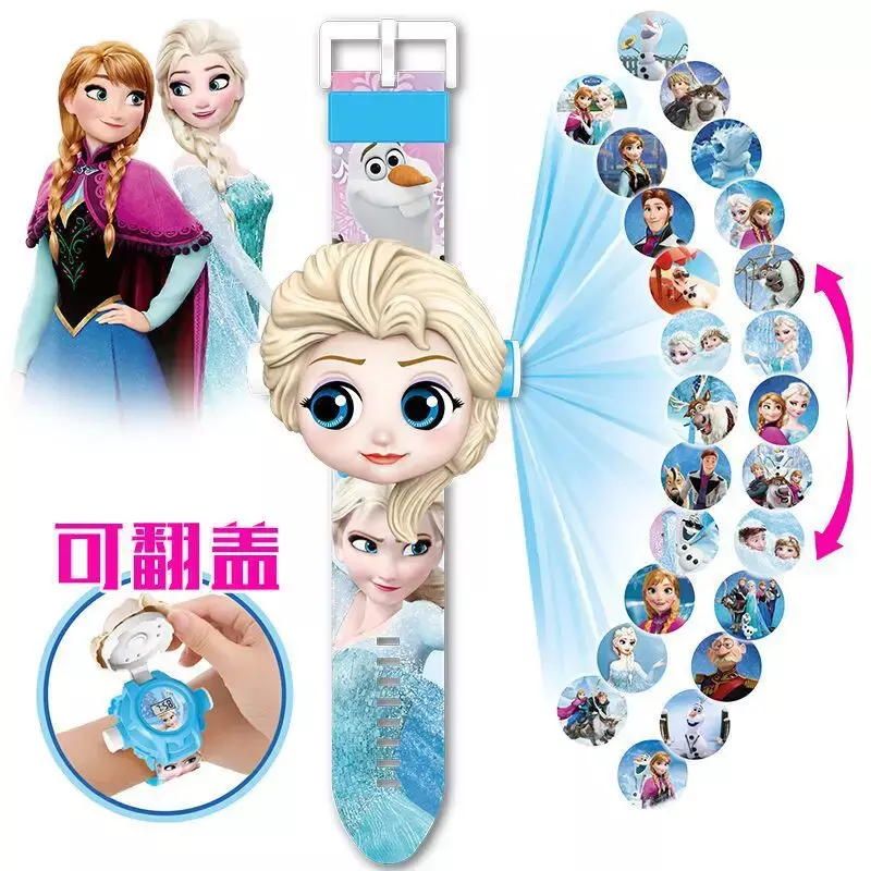 Disney-Anime Frozen 2 Elsa Projeção Relógio para Crianças, 3D Cartoon Relógio, Brinquedos para meninas, Presentes de aniversário