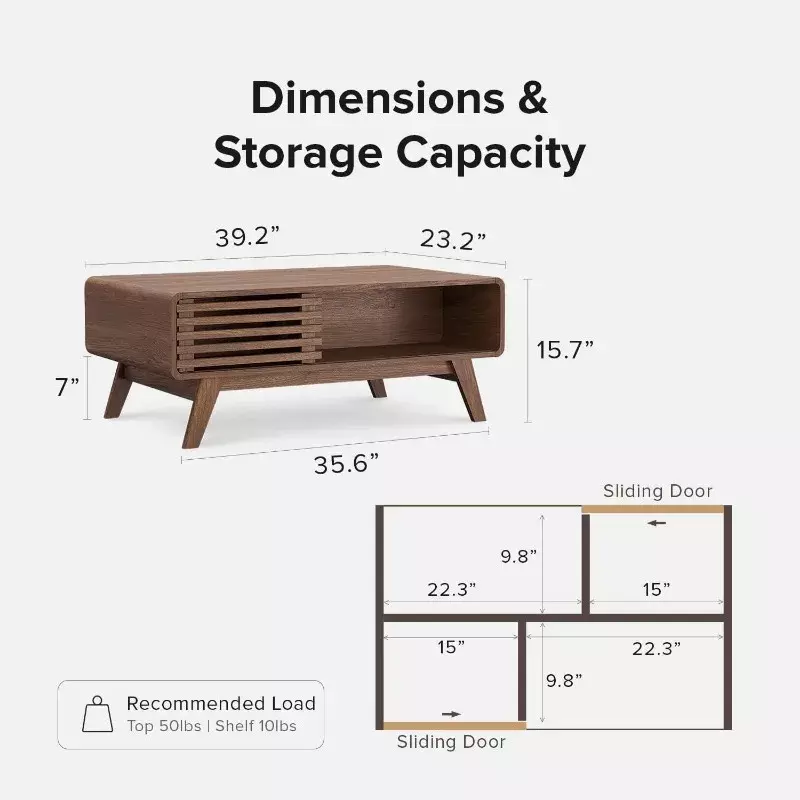 Ensley Mid Century Modern Rectangle Coffee Table with Dual Storage Shelf, Wood Slat Sliding Door, & Rounded Edge Protection