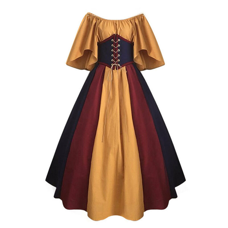 Palace Medieval Women Dress Vintage Flying Sleeve Patchwork Evening Dress Carnival Party Cosplay Clothing Lady Corset Dress