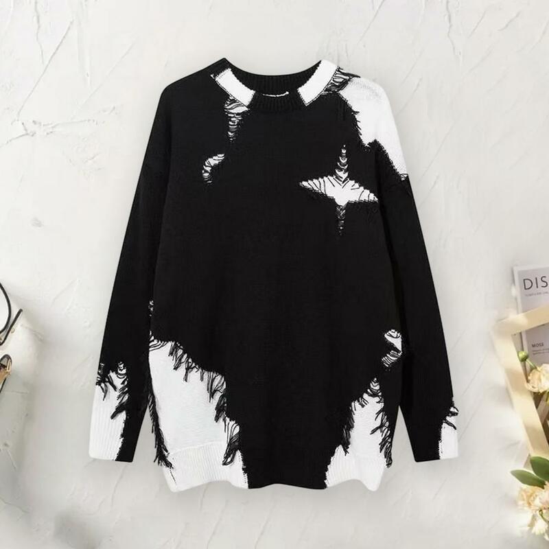 Women Tassel Sweater Stylish Women's Fall Winter Sweater with Ripped Tassel Detail Color Matching Round Neck Soft Warm for A