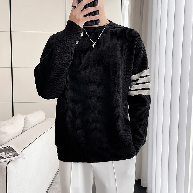 Men's Autumn Winter Round Neck Solid Pullover Screw Thread Lantern Long Sleeve Undershirt Sweater Knitted Office Lady Loose Tops
