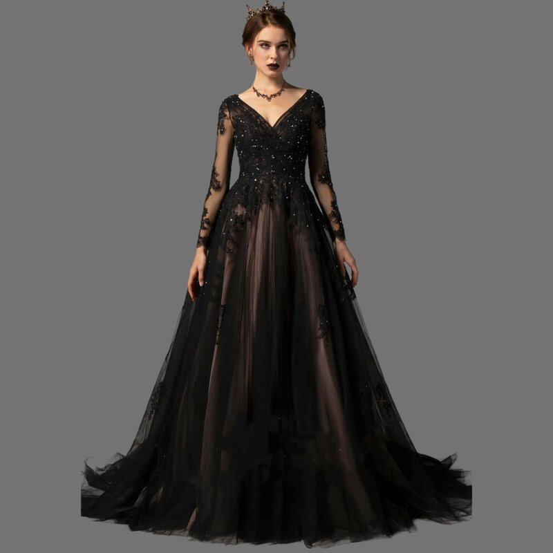 반짝이는 스팽글 V넥 고딕 블랙 웨딩 드레스, 긴 소매 3D 레이스 아플리케, 레이스업 백 볼 가운, 여성 파티 로브 2024