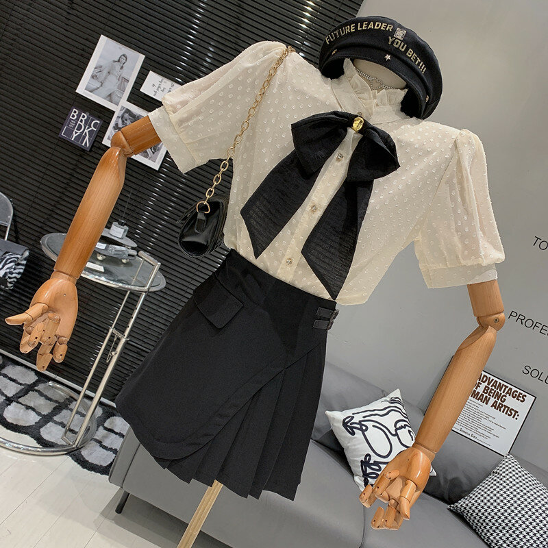 Женский комплект из двух предметов, свободная стильная рубашка в горошек, приталенная юбка А-силуэта с высокой талией