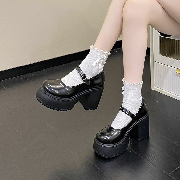 Black Punk Chunky Designer Platform Mary Janes Heels Shoes Women Patent Leather Square Toe Buckle Goth High Heels Women Pumps