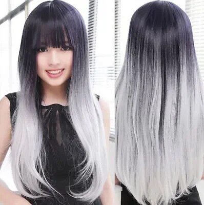 Gratis pengiriman Wig hitam & putih perak wanita rambut palsu penuh Anime Cosplay rambut lurus panjang