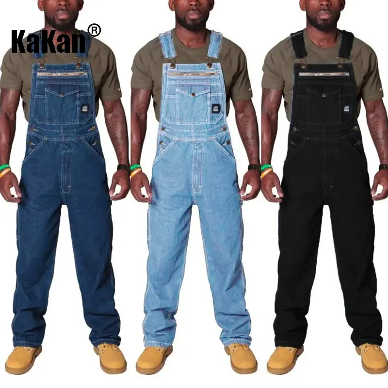 Kakan-ชุดจั๊มสูทผู้ชายผ้ายีนส์ Tali bahu มีกระเป๋าสีน้ำเงินแบบขาดมี K34-722 celana JEANS Panjang ใหม่สำหรับผู้ชายแนวยุโรปและอเมริกา