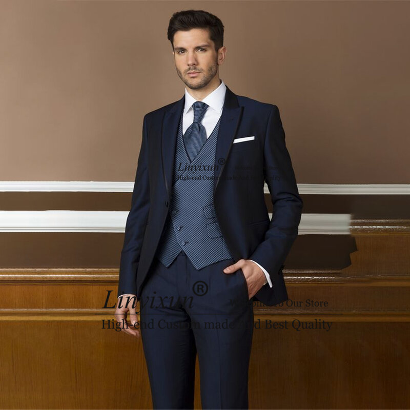 Knappe Marineblauw Mens Suits Bruiloft Bruidegom Smoking Slim Fit Formele Zakelijke Blazer 3 Delige Set Jas Vest Broek Kostuum homme