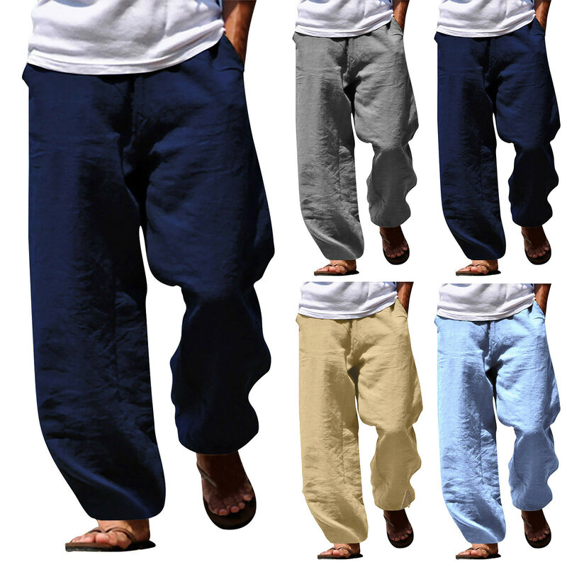 Pantalon de survêtement en coton et lin pour homme, style streetwear, respirant et décontracté, couleur unie, été