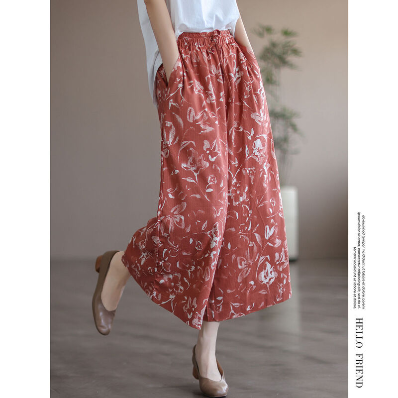 Letni bawełniany nadruk Casual Wysoka talia Odzież damska Vintage Wygodne proste spodnie Damskie elastyczne spodnie z szerokimi nogawkami