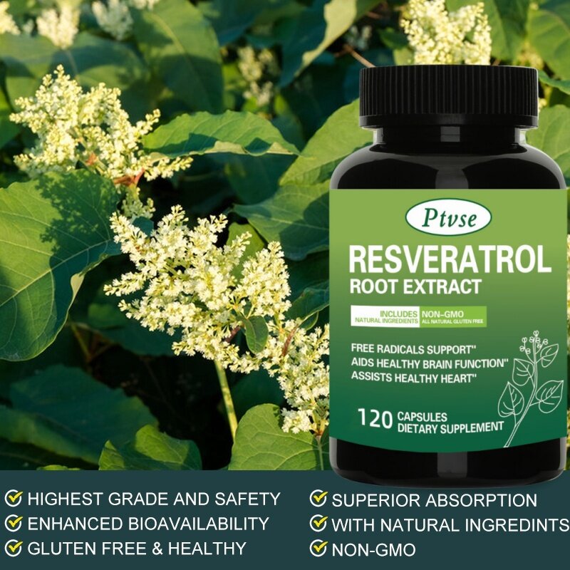 Ptvse resveratrol complex สนับสนุนสุขภาพหัวใจและหลอดเลือดปกป้องหลอดเลือดเพิ่มระบบภูมิคุ้มกันส่งเสริมผิวเรียบเนียน