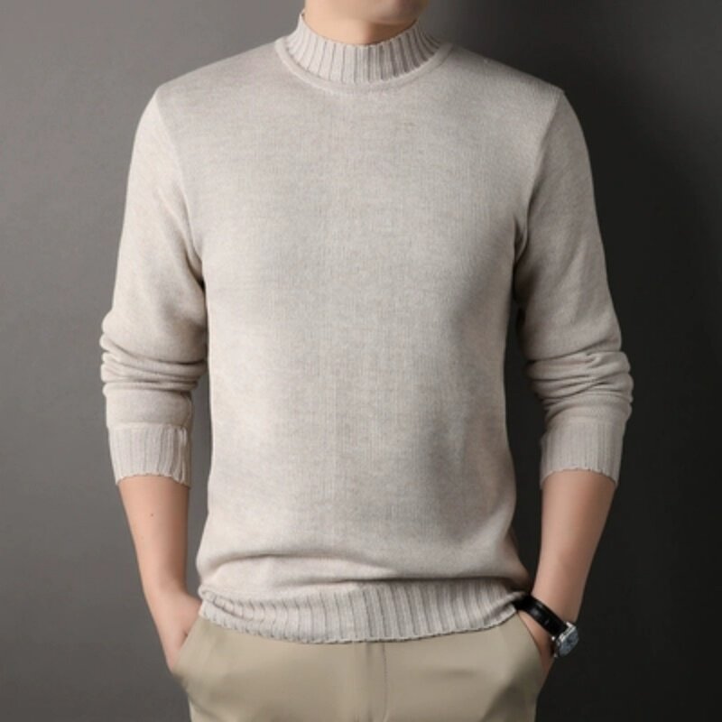 Suéter de Cuello medio alto para hombre, felpa gruesa de una pieza, suéter versátil de punto con negro y gris oscuro, otoño e invierno, 2023